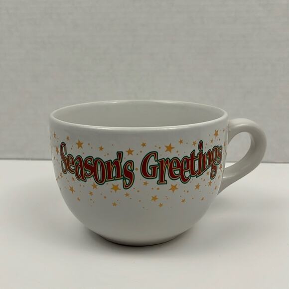 Seasons Greetings Soup Mug Bowl with Handle White Ceramic 5 Inch Holiday - Picture 1 of 6